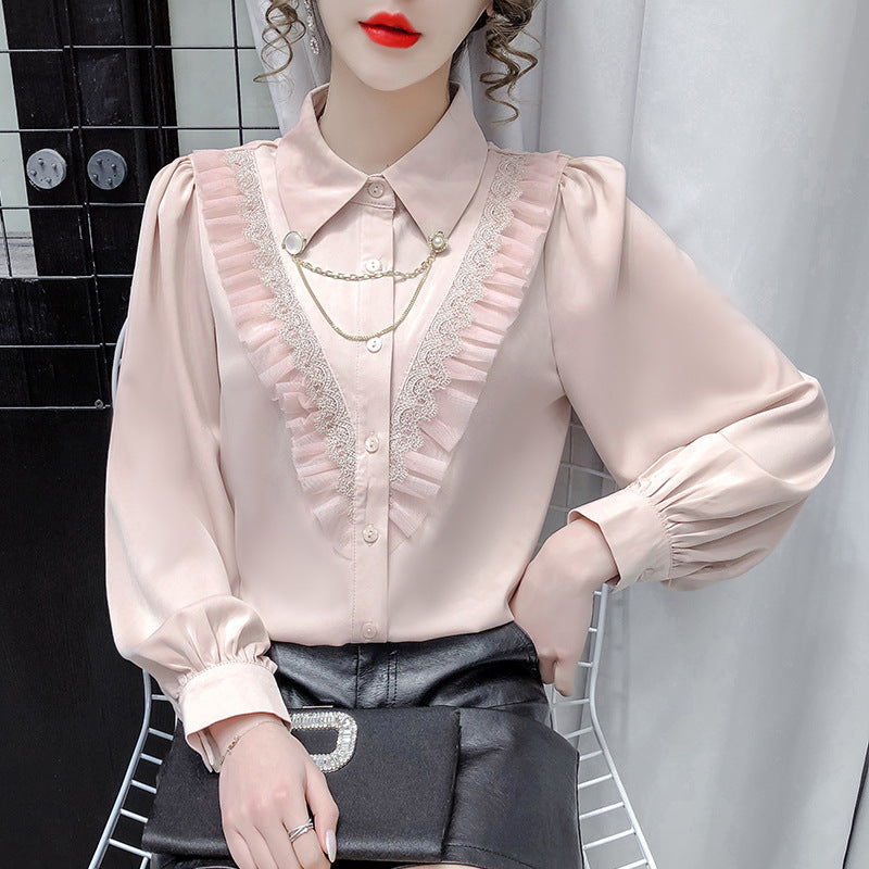 Polo Collar Chain Lace Stitched Shirt Design Long-Sleeved