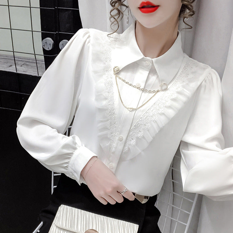 Polo Collar Chain Lace Stitched Shirt Design Long-Sleeved