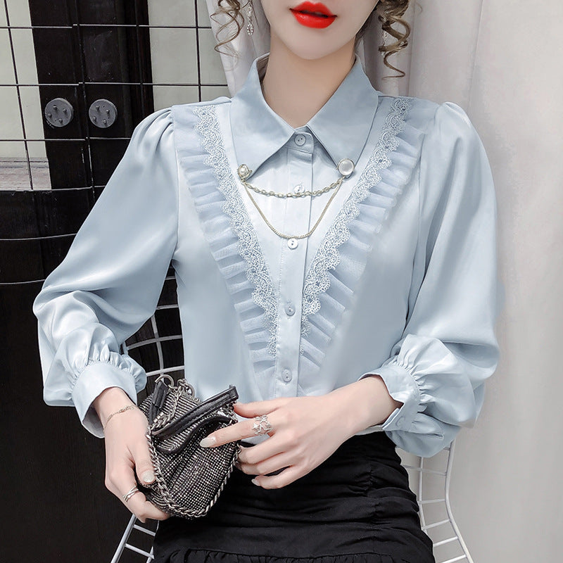 Polo Collar Chain Lace Stitched Shirt Design Long-Sleeved