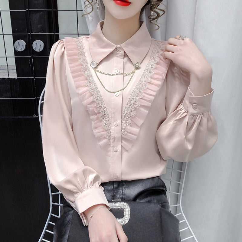 Polo Collar Chain Lace Stitched Shirt Design Long-Sleeved