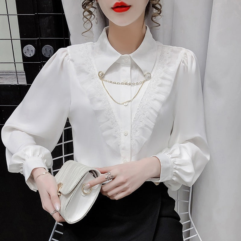 Polo Collar Chain Lace Stitched Shirt Design Long-Sleeved