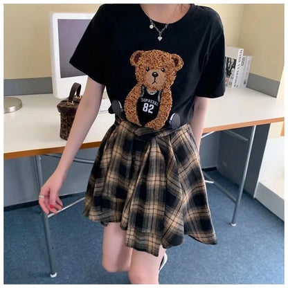 Summer Skirt And Top Set Bear Cartoon Plaid Skirt