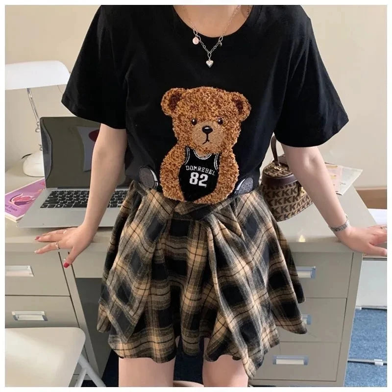 Summer Skirt And Top Set Bear Cartoon Plaid Skirt