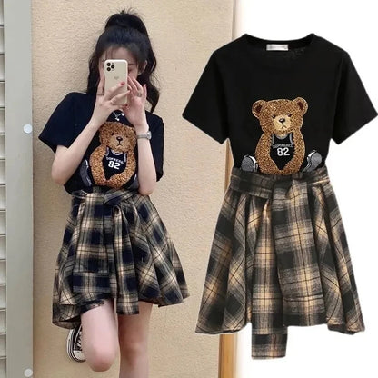 Summer Skirt And Top Set Bear Cartoon Plaid Skirt