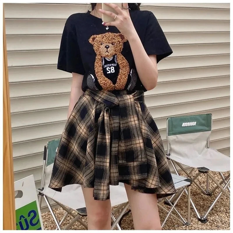 Summer Skirt And Top Set Bear Cartoon Plaid Skirt