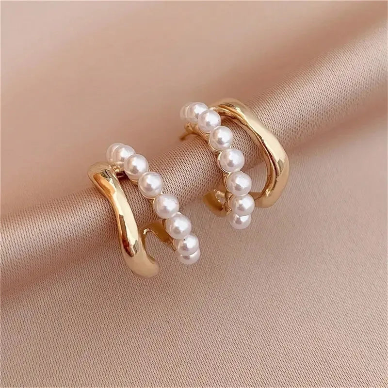 Double-layer design pearl hoop earrings