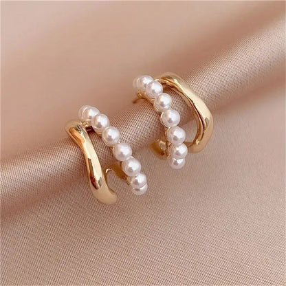 Double-layer design pearl hoop earrings