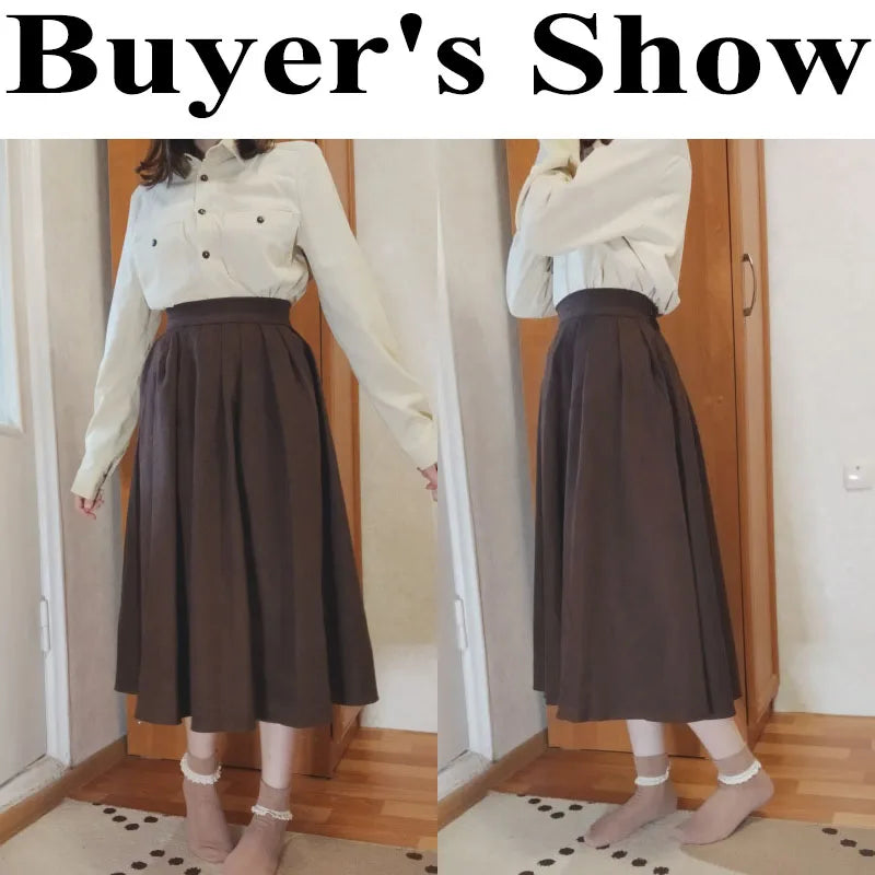 Vintage High Waist Pleated Skirt Korean Fashion College Style Long Skirt 2024 Set A