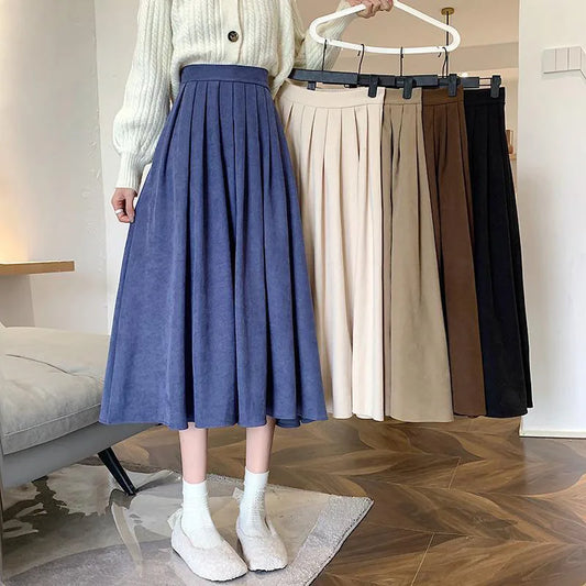 Vintage High Waist Pleated Skirt Korean Fashion College Style Long Skirt