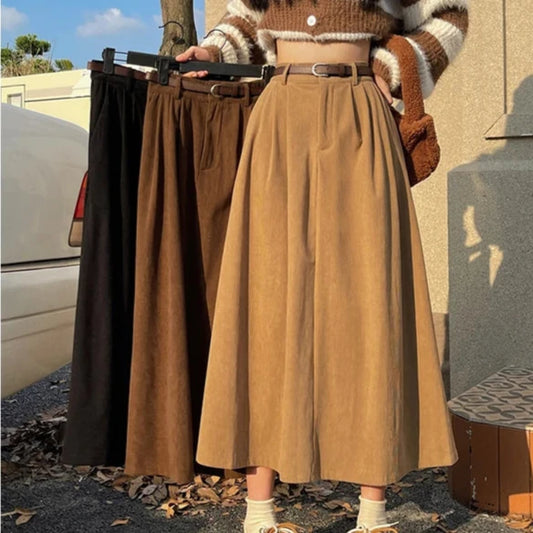 Vintage Belt Corduroy Midi Skirt