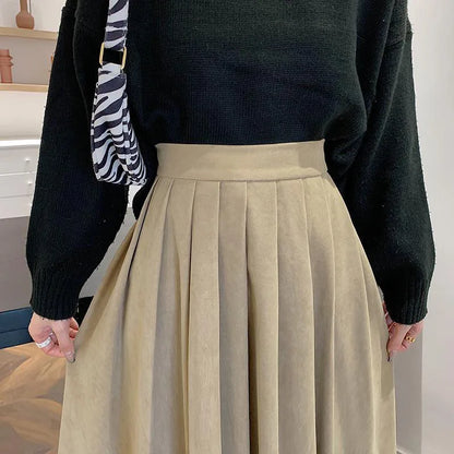 Vintage High Waist Pleated Skirt Korean Fashion College Style Long Skirt