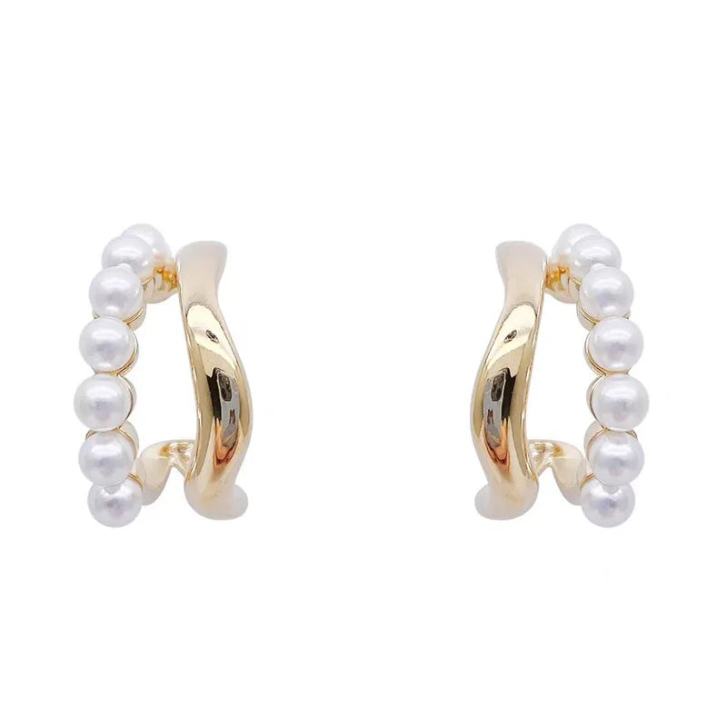 Double-layer design pearl hoop earrings