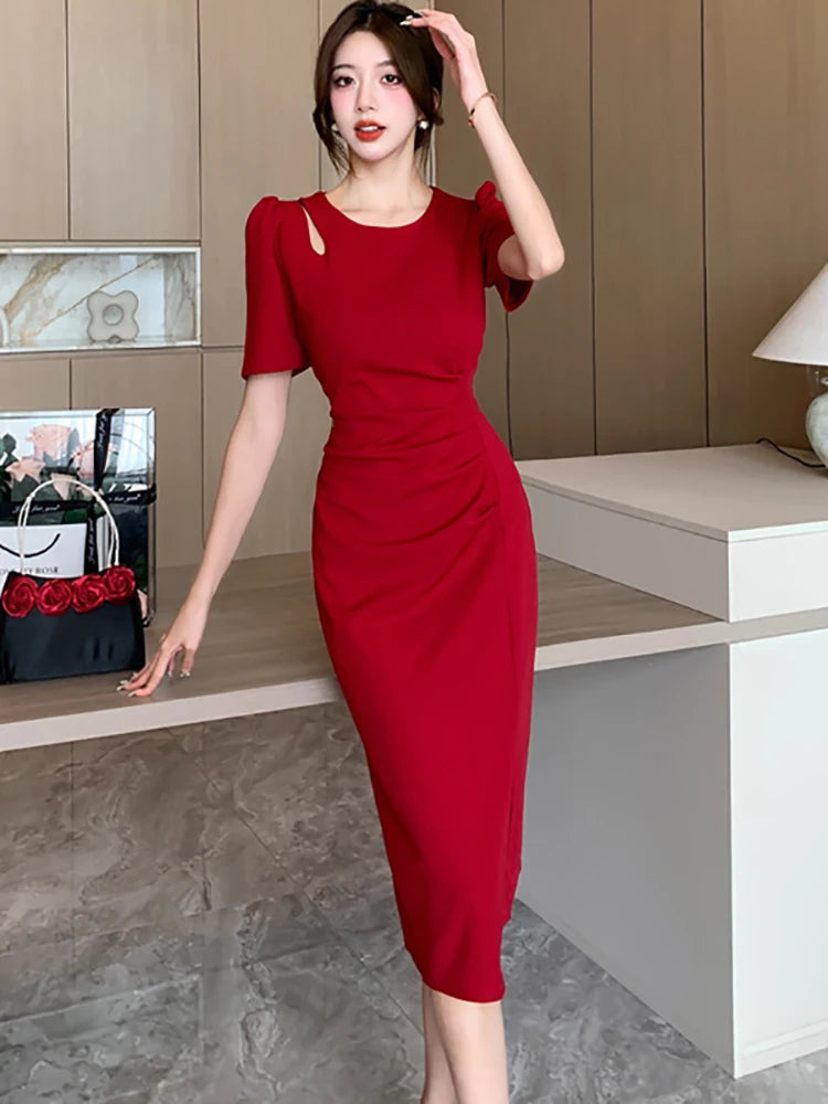 Red Elegant Hollow Out Chic Long Dress