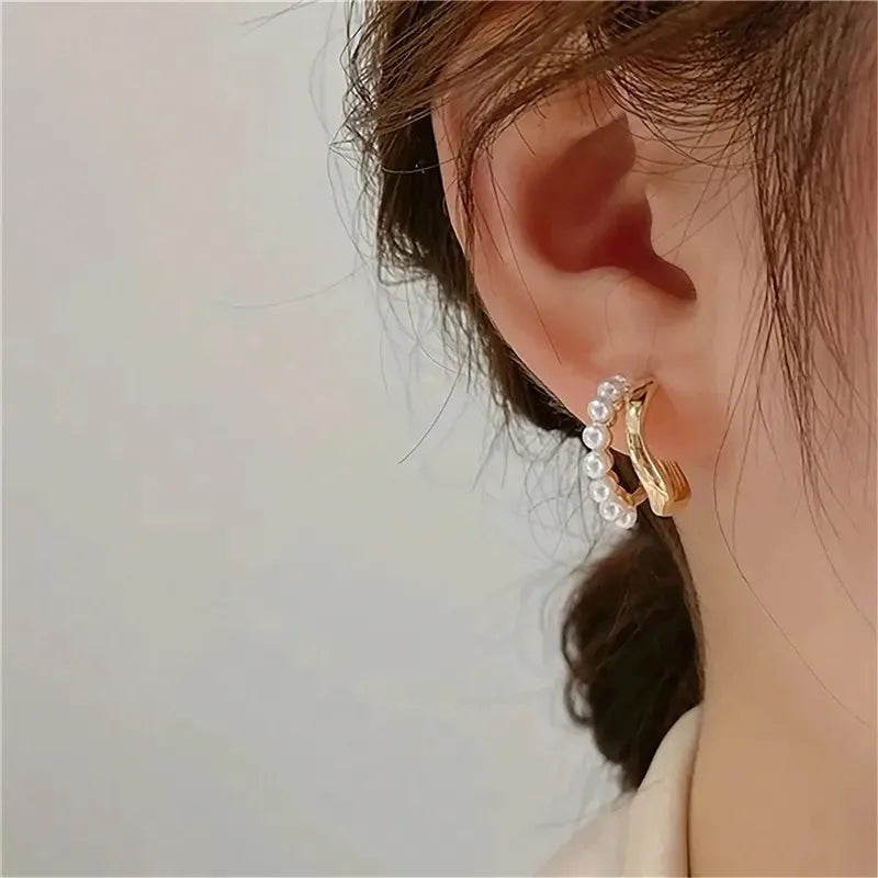 Double-layer design pearl hoop earrings