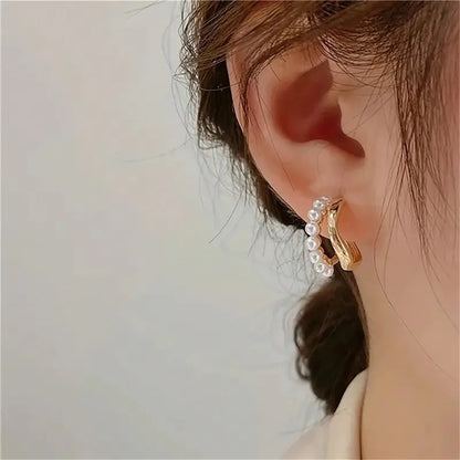 Double-layer design pearl hoop earrings