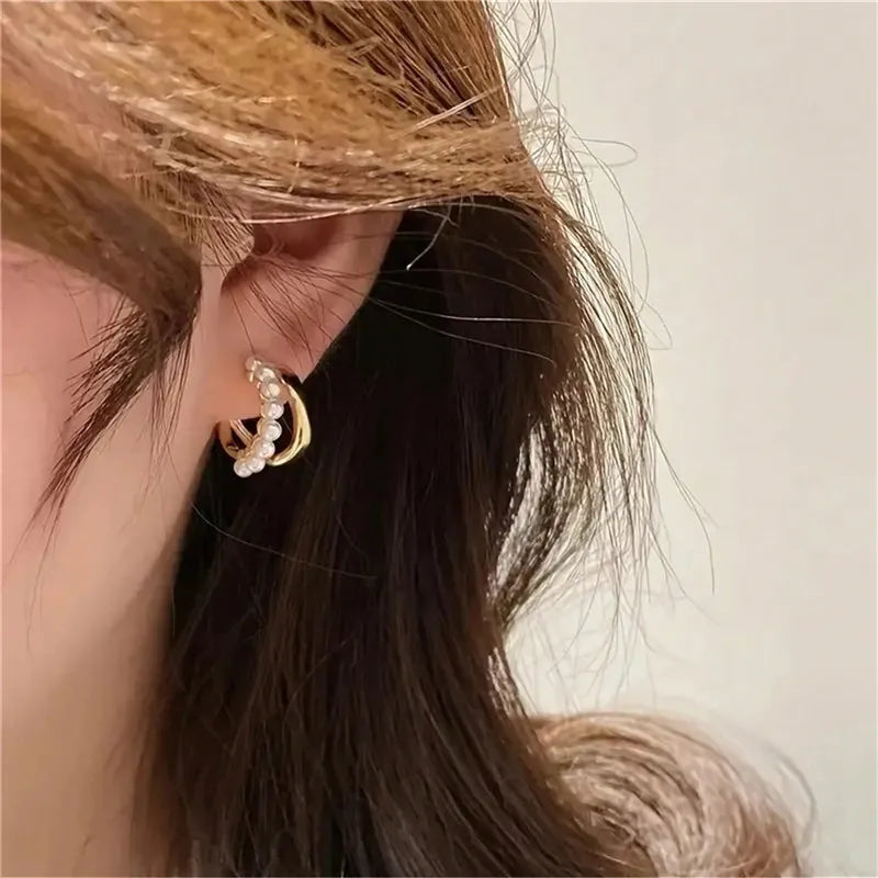 Double-layer design pearl hoop earrings