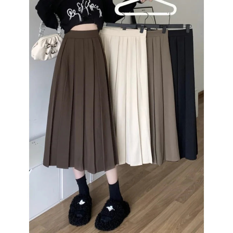 Vintage High Waist Pleated Skirt Korean Fashion College Style Long Skirt 2024 Set B