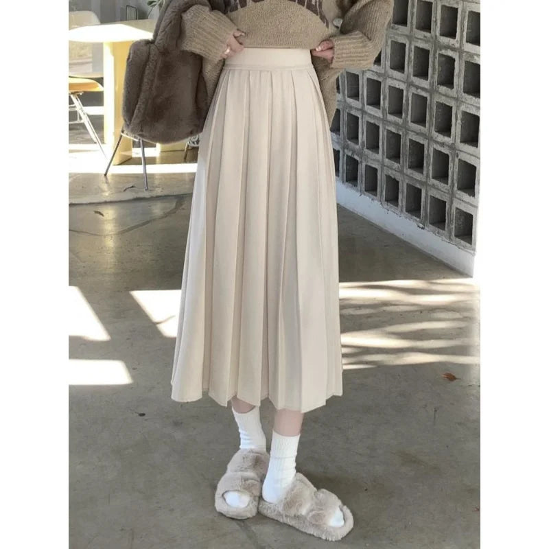 Vintage High Waist Pleated Skirt Korean Fashion College Style Long Skirt 2024 Set B