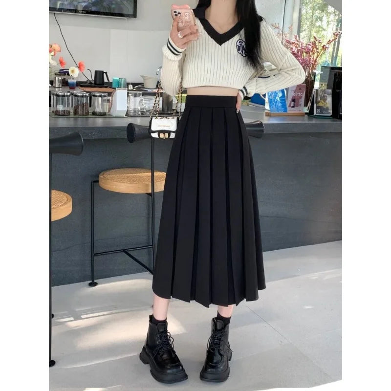 Vintage High Waist Pleated Skirt Korean Fashion College Style Long Skirt 2024 Set B